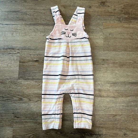 Hanna Andersson Pink Stripe Cat Overalls Baby Girl Size 70 cm 6-12 Months - Picture 1 of 4